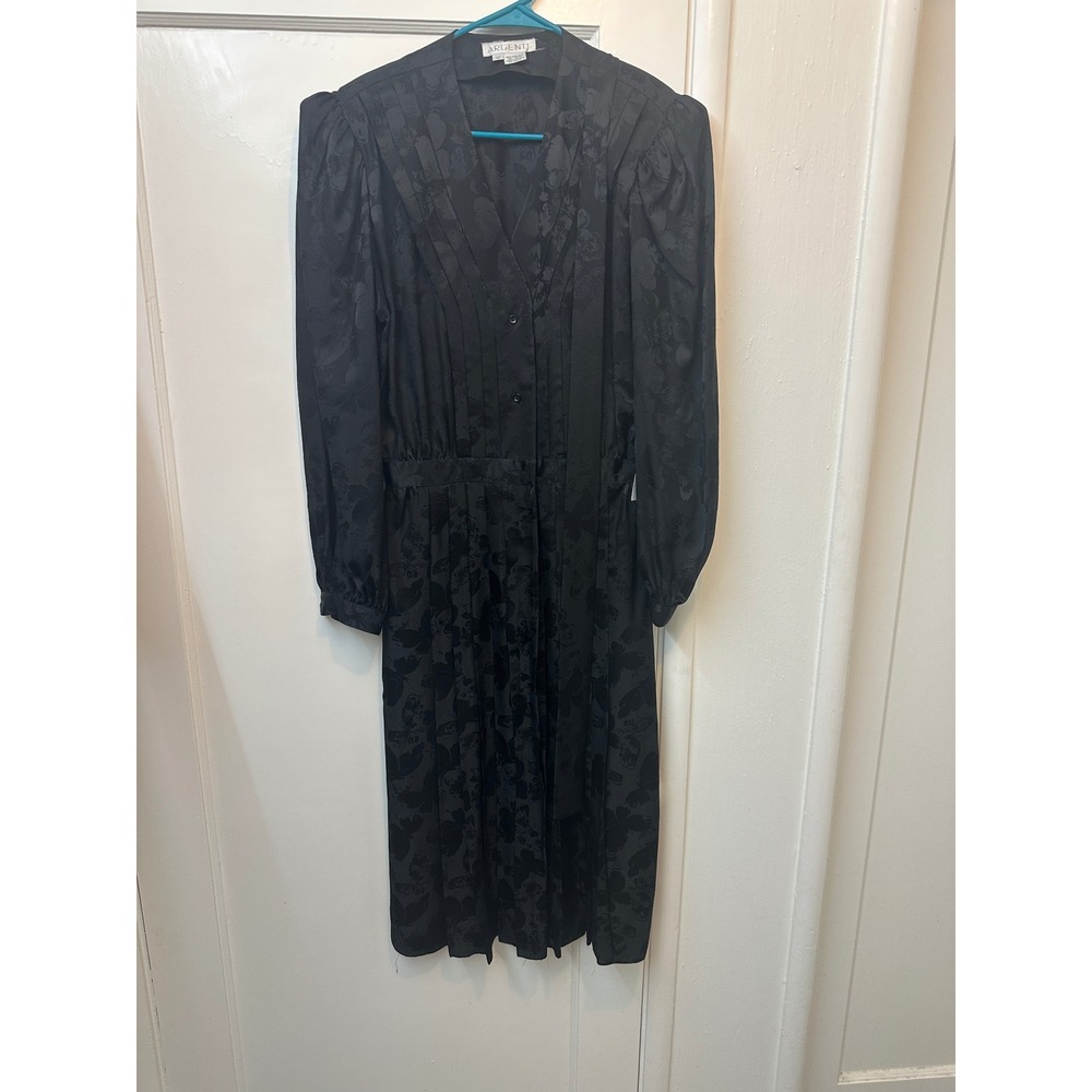 Argenti Vintage 100% Silk Black Floral Jacquard Pleated Midi Dress NWT Size 12‎